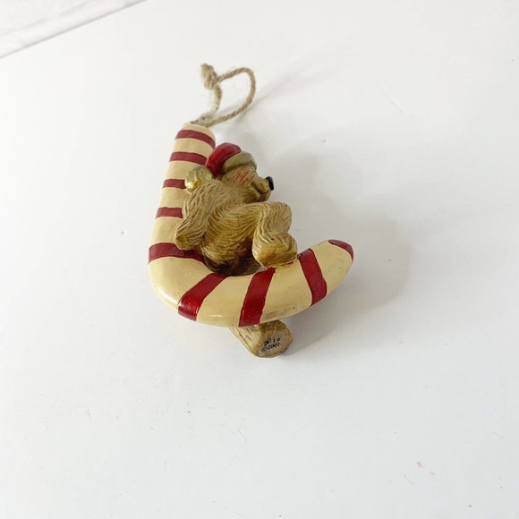 Vintage Ornament Bear Santa Hat Sitting On Candy Cane Folk Art 2001 Signed BP - Picture 6 of 9
